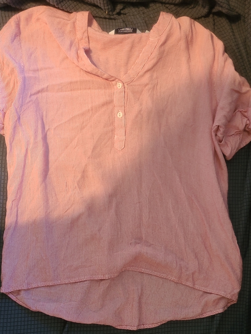 new directions Red White Stripe short sleeve henley blouse V Neck